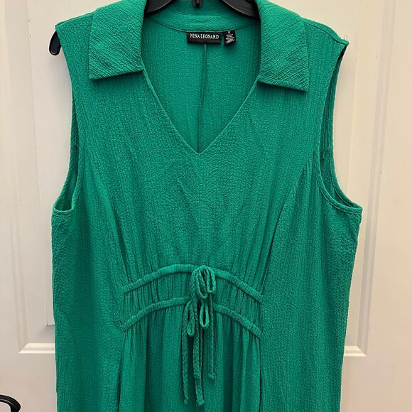 Green Maxi Dress Size 1X XL Nina Leonard Collared V-Neck Wedding Guest Summer - Picture 6 of 9